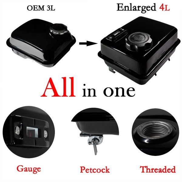 4L Gas Fuel Tank W/ Fuel Gauge & Petcock for Predator 212 Hemi Engine, Coleman CT200U BT200X 196cc Mini bike, Baja Massimo warrior MB200, 200cc Go kart Parts, Honda GX160 GX200 Motor - Image 3