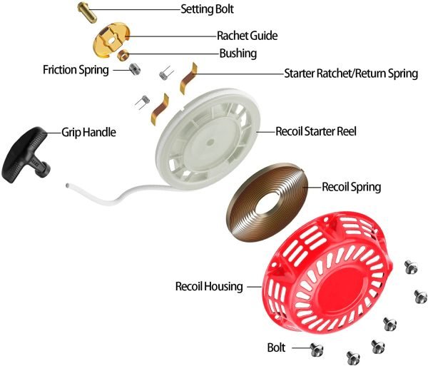 Pull Recoil Starter Assembly for Coleman KT196 Go Kart B200R CT200U 200cc Mini Bike, Predator 212 Pull Cord Start Honda 6.5HP GX160 196 Hisun Engine, Rage Red, Upgraded Handle - Image 3